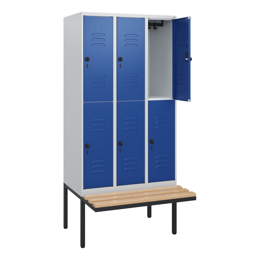 Produktabbildung Nr. 1: C+P Doppelstock-Spind Classic PLUS, 3 Abteile, HxBxT 1.950 x 900 x 815 mm, für Vorhängeschloss, auskragende Bank aus Buche, lichtgrau, enzianblau