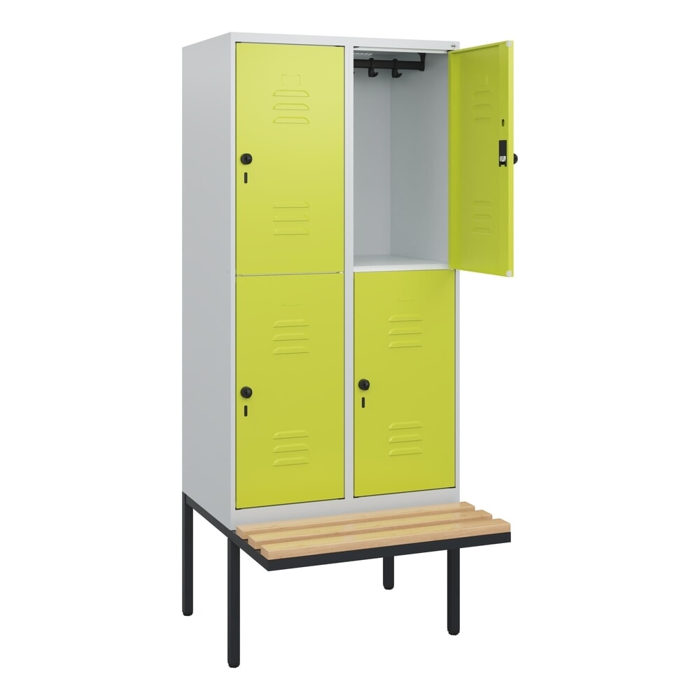 C+P Doppelstock-Spind Classic PLUS, 2 Abteile, HxBxT 1.950 x 800 x 815 mm, für Vorhängeschloss, auskragende Bank aus Buche, lichtgrau, clowngrün Produktabbildung Nr. 1: C+P Doppelstock-Spind Classic PLUS, 2 Abteile, HxBxT 1.950 x 800 x 815 mm, für Vorhängeschloss, auskragende Bank aus Buche, lichtgrau, clowngrün