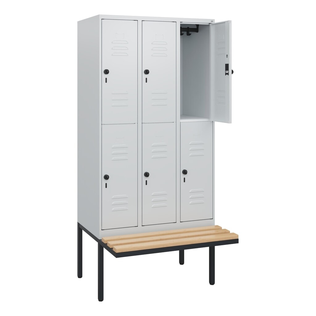 Produktabbildung: C+P Doppelstock-Spind Classic PLUS, 3 Abteile, HxBxT 1.950 x 900 x 815 mm, für Vorhängeschloss, auskragende Bank aus Buche, lichtgrau, lichtgrau