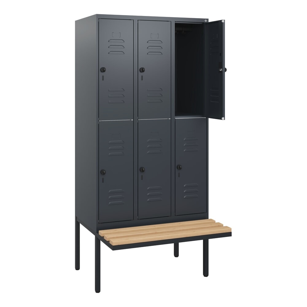 Produktabbildung Nr. 1: C+P Doppelstock-Spind Classic PLUS, 3 Abteile, HxBxT 1.950 x 900 x 815 mm, für Vorhängeschloss, auskragende Bank aus Buche, anthrazitgrau, anthrazitgrau