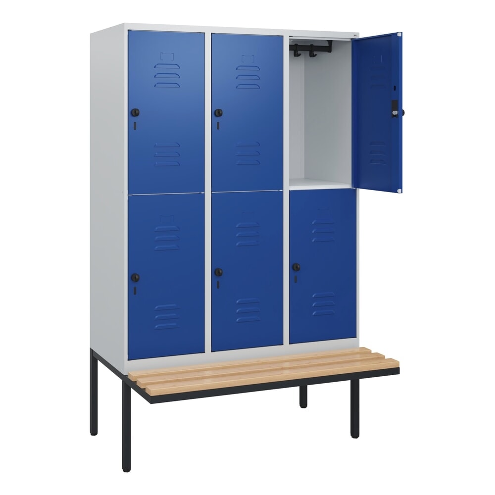 Produktabbildung: C+P Doppelstock-Spind Classic PLUS, 3 Abteile, HxBxT 1.950 x 1.200 x 815 mm, für Vorhängeschloss, auskragende Bank aus Buche, lichtgrau, enzianblau