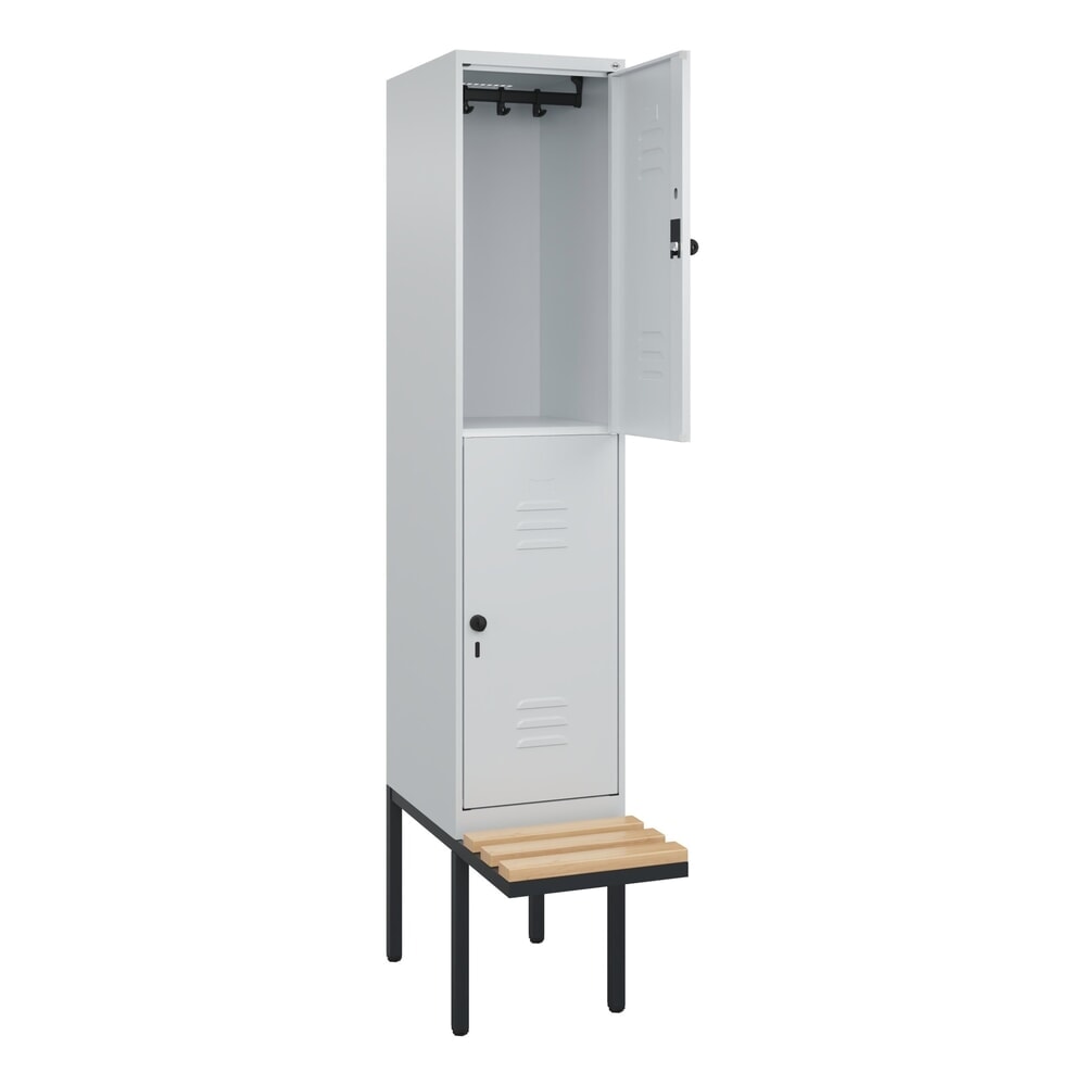 Produktabbildung: C+P Doppelstock-Spind Classic PLUS, 1 Abteil, HxBxT 2.120 x 400 x 815 mm, für Vorhängeschloss, auskragende Bank aus Buche, lichtgrau, lichtgrau