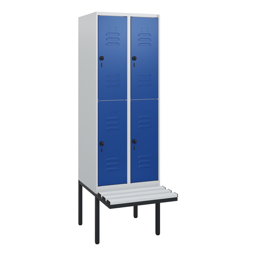 Produktabbildung: C+P Doppelstock-Spind Classic PLUS, 2 Abteile, HxBxT 1.950 x 600 x 815 mm, für Vorhängeschloss, auskragende Bank aus Kunststoff, lichtgrau, enzianblau
