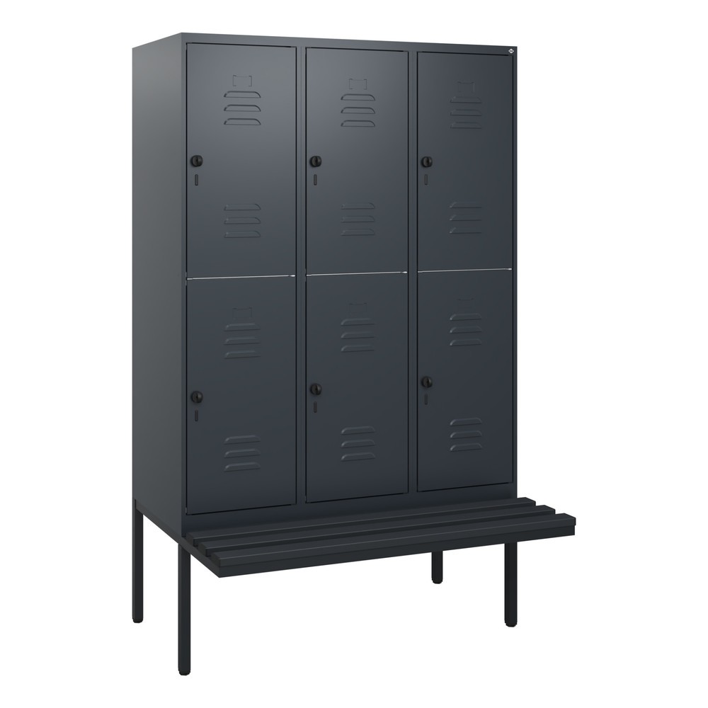 Produktabbildung: C+P Doppelstock-Spind Classic PLUS, 3 Abteile, HxBxT 1.950 x 1.200 x 815 mm, für Vorhängeschloss, auskragende Bank aus Kunststoff, anthrazitgrau, anthrazitgrau