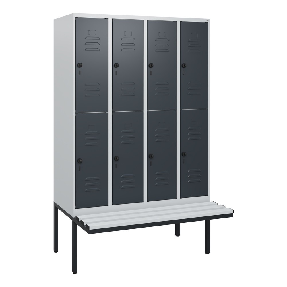 Produktabbildung: C+P Doppelstock-Spind Classic PLUS, 4 Abteile, HxBxT 1.950 x 1.200 x 815 mm, für Vorhängeschloss, auskragende Bank aus Kunststoff, lichtgrau, anthrazitgrau