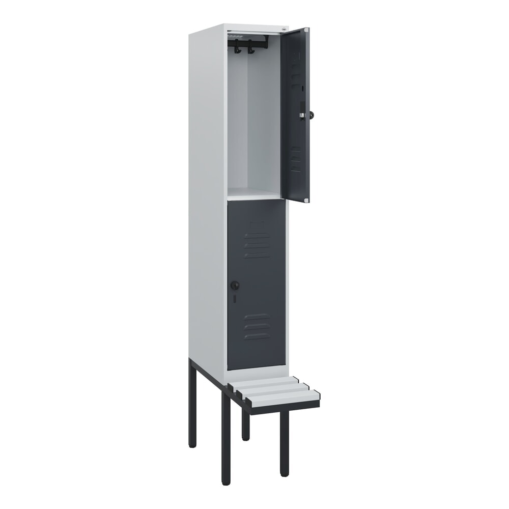 C+P Doppelstock-Spind Classic PLUS, 1 Abteil, HxBxT 1.950 x 300 x 815 mm, für Vorhängeschloss, auskragende Bank aus Kunststoff, lichtgrau, anthrazitgrau Produktabbildung Nr. 1: C+P Doppelstock-Spind Classic PLUS, 1 Abteil, HxBxT 1.950 x 300 x 815 mm, für Vorhängeschloss, auskragende Bank aus Kunststoff, lichtgrau, anthrazitgrau