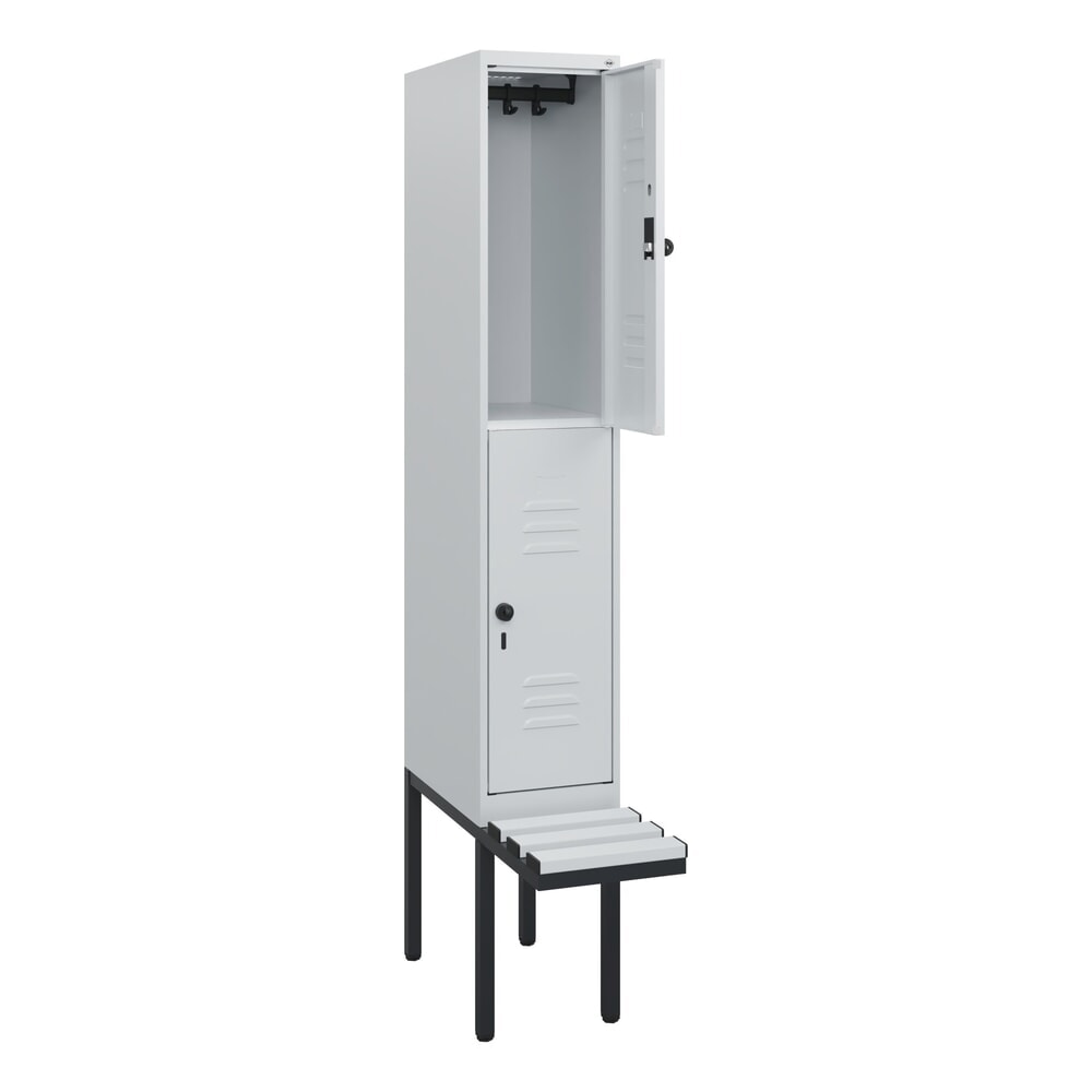 Produktabbildung Nr. 1: C+P Doppelstock-Spind Classic PLUS, 1 Abteil, HxBxT 1.950 x 300 x 815 mm, für Vorhängeschloss, auskragende Bank aus Kunststoff, lichtgrau, lichtgrau