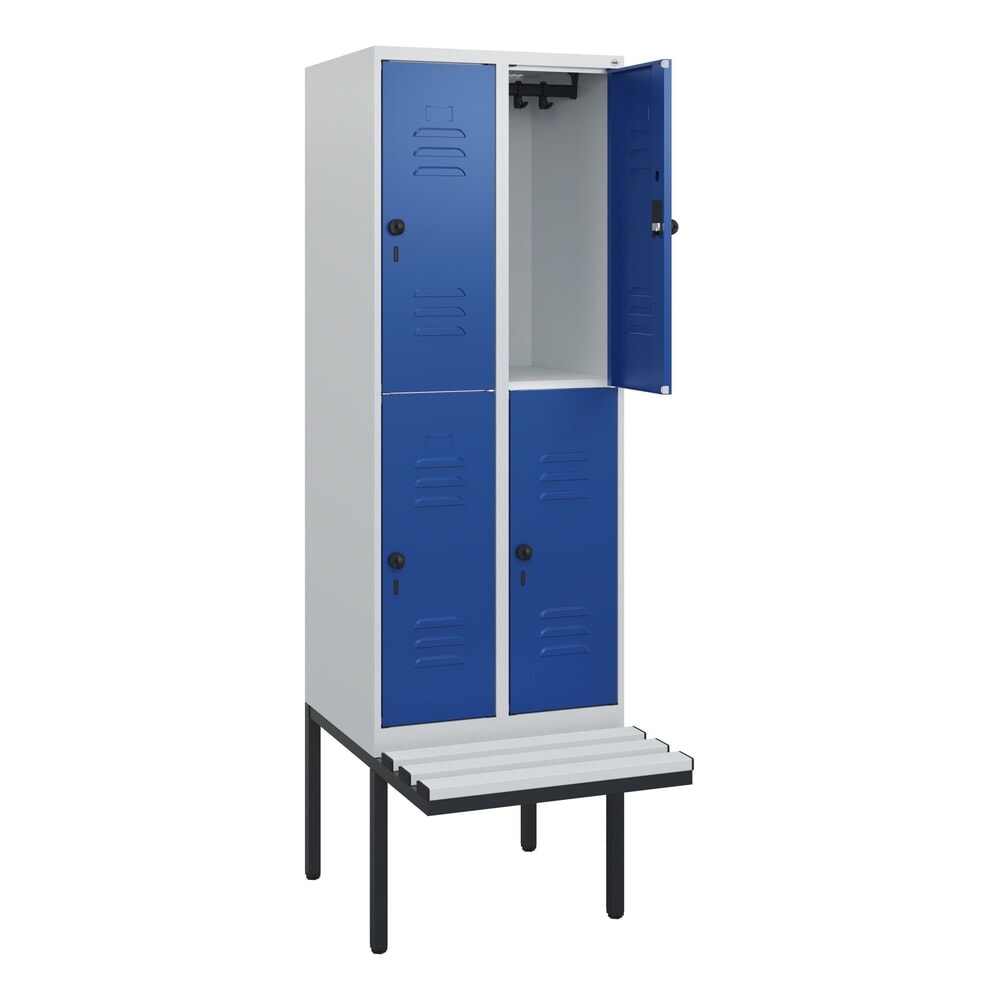 Produktabbildung: C+P Doppelstock-Spind Classic PLUS, 2 Abteile, HxBxT 1.950 x 600 x 815 mm, für Vorhängeschloss, auskragende Bank aus Kunststoff, lichtgrau, enzianblau