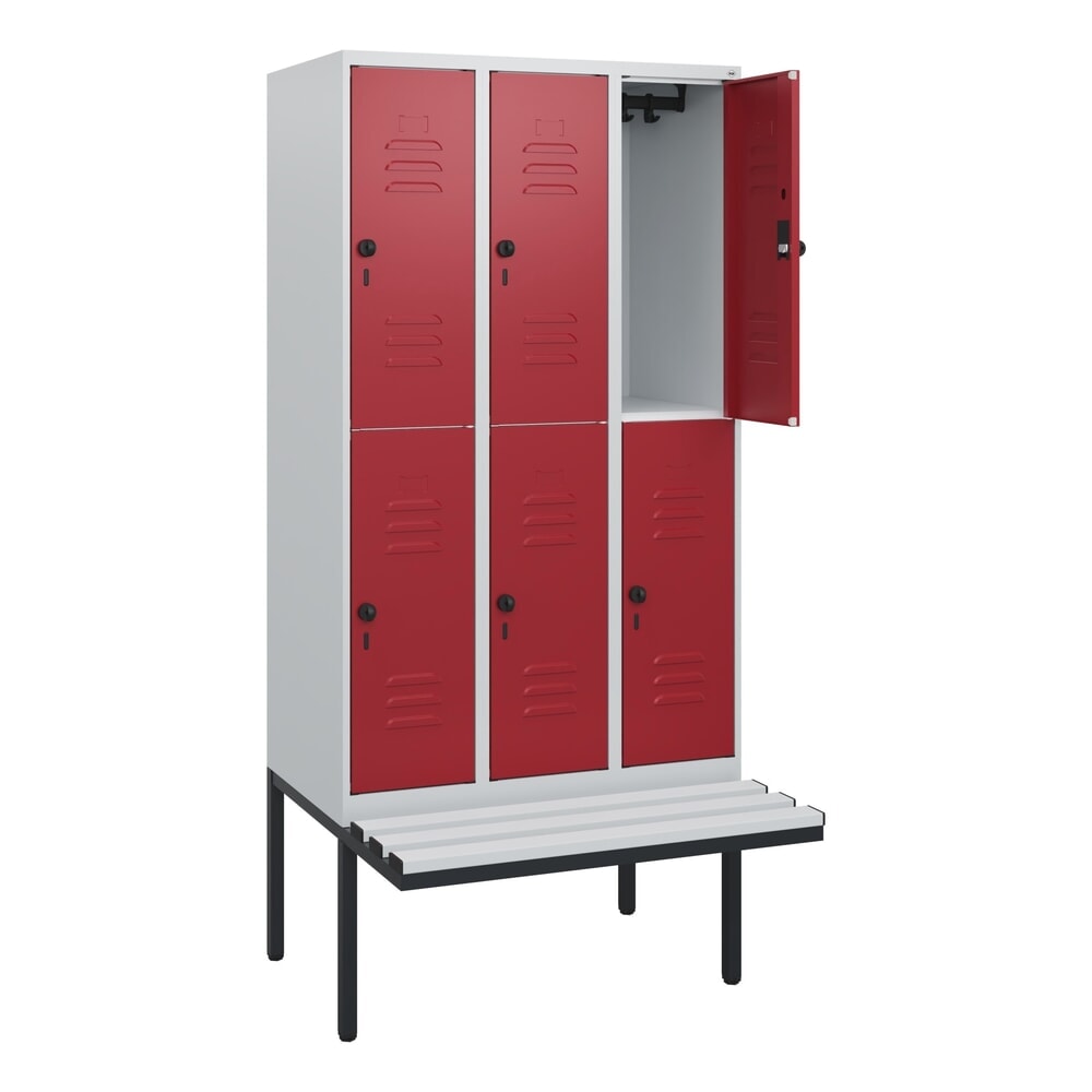 Produktabbildung Nr. 1: C+P Doppelstock-Spind Classic PLUS, 3 Abteile, HxBxT 1.950 x 900 x 815 mm, für Vorhängeschloss, auskragende Bank aus Kunststoff, lichtgrau, rubinrot