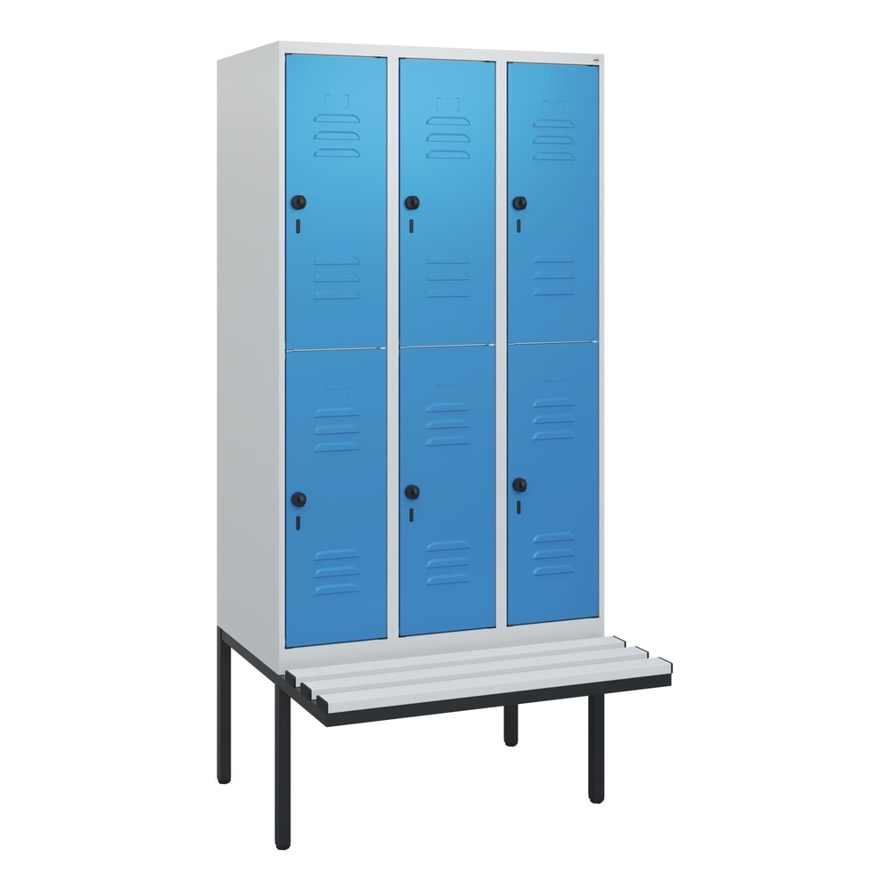 Produktabbildung Nr. 9: C+P Doppelstock-Spind Classic PLUS, 3 Abteile, HxBxT 1.950 x 900 x 815 mm, für Vorhängeschloss, auskragende Bank aus Kunststoff, lichtgrau, lichtblau
