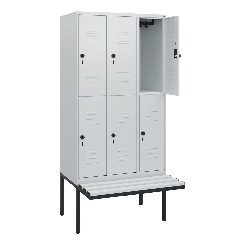 Produktabbildung: C+P Doppelstock-Spind Classic PLUS, 3 Abteile, HxBxT 1.950 x 900 x 815 mm, für Vorhängeschloss, auskragende Bank aus Kunststoff, lichtgrau, lichtgrau