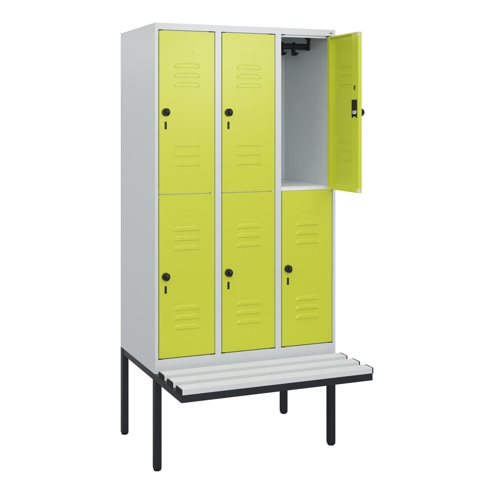 Produktabbildung: C+P Doppelstock-Spind Classic PLUS, 3 Abteile, HxBxT 1.950 x 900 x 815 mm, für Vorhängeschloss, auskragende Bank aus Kunststoff, lichtgrau, clowngrün