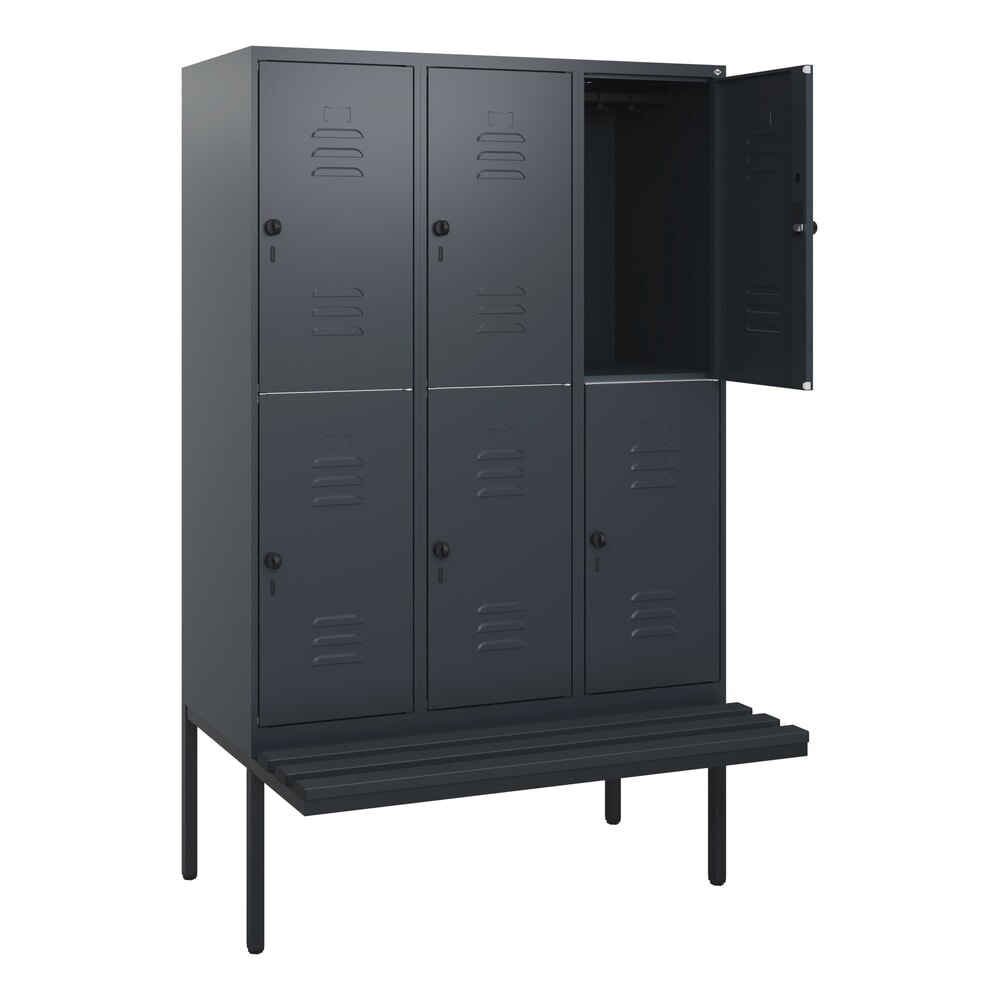 Produktabbildung: C+P Doppelstock-Spind Classic PLUS, 3 Abteile, HxBxT 1.950 x 1.200 x 815 mm, für Vorhängeschloss, auskragende Bank aus Kunststoff, anthrazitgrau, anthrazitgrau