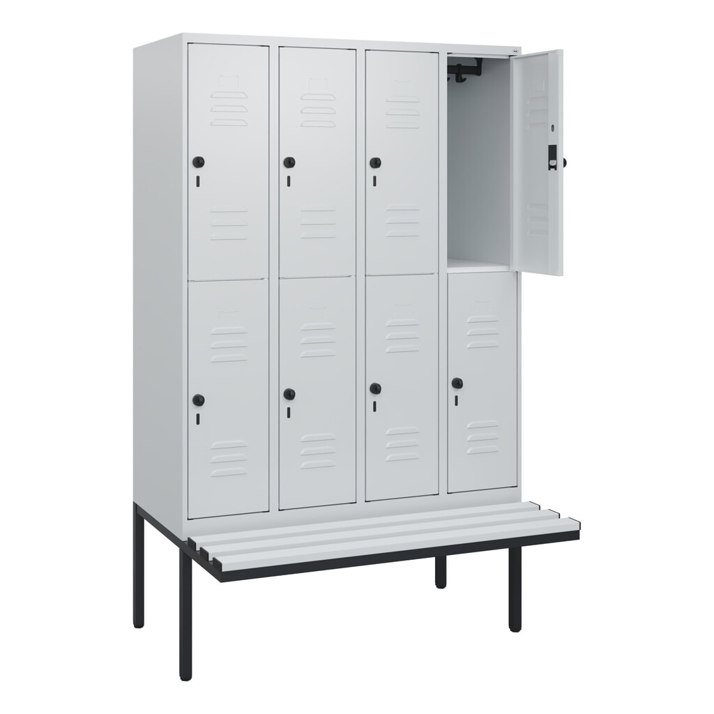 C+P Doppelstock-Spind Classic PLUS, 4 Abteile, HxBxT 1.950 x 1.200 x 815 mm, für Vorhängeschloss, auskragende Bank aus Kunststoff, lichtgrau, lichtgrau Produktabbildung: C+P Doppelstock-Spind Classic PLUS, 4 Abteile, HxBxT 1.950 x 1.200 x 815 mm, für Vorhängeschloss, auskragende Bank aus Kunststoff, lichtgrau, lichtgrau