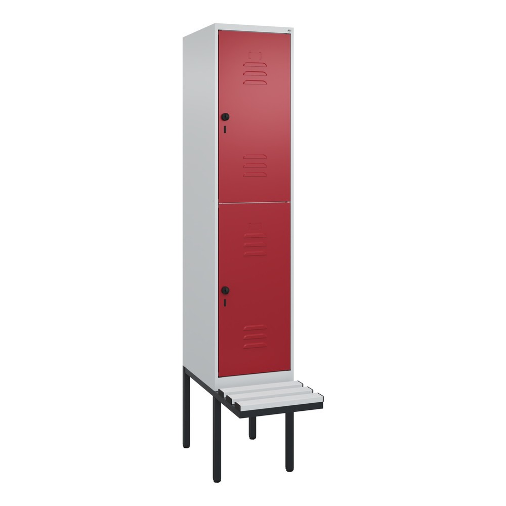 Produktabbildung: C+P Doppelstock-Spind Classic PLUS, 1 Abteil, HxBxT 2.120 x 400 x 815 mm, für Vorhängeschloss, auskragende Bank aus Kunststoff, lichtgrau, rubinrot