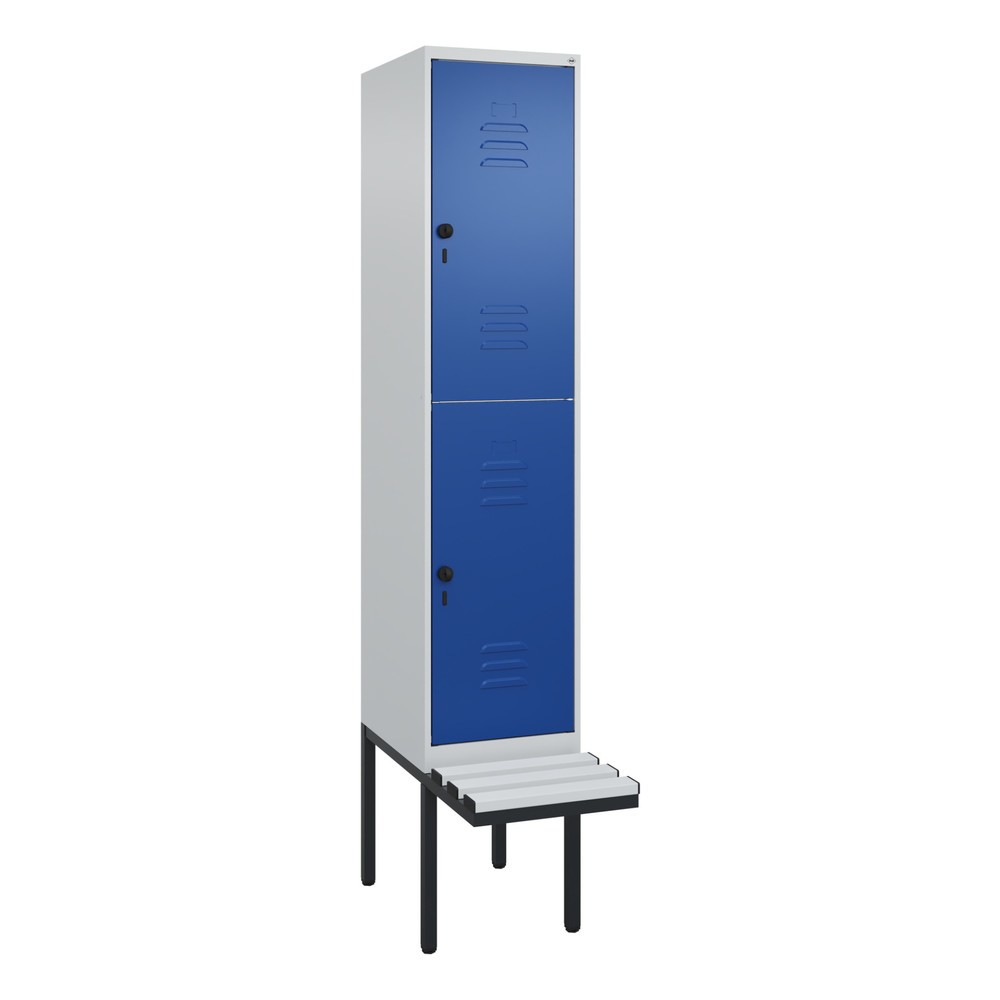 Produktabbildung: C+P Doppelstock-Spind Classic PLUS, 1 Abteil, HxBxT 2.120 x 400 x 815 mm, für Vorhängeschloss, auskragende Bank aus Kunststoff, lichtgrau, enzianblau