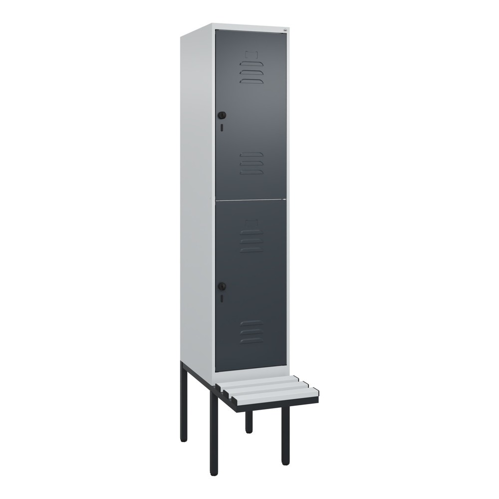 Produktabbildung: C+P Doppelstock-Spind Classic PLUS, 1 Abteil, HxBxT 2.120 x 400 x 815 mm, für Vorhängeschloss, auskragende Bank aus Kunststoff, lichtgrau, anthrazitgrau
