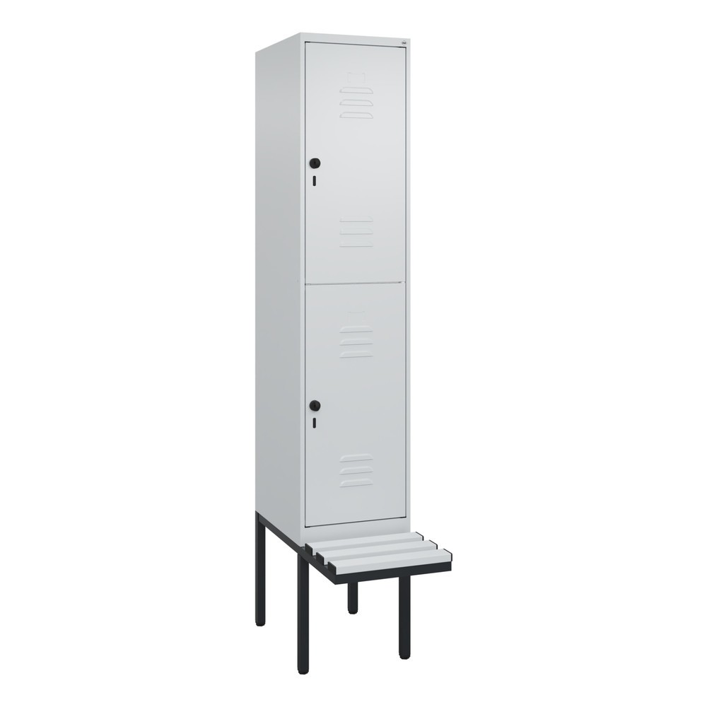 Produktabbildung: C+P Doppelstock-Spind Classic PLUS, 1 Abteil, HxBxT 2.120 x 400 x 815 mm, für Vorhängeschloss, auskragende Bank aus Kunststoff, lichtgrau, lichtgrau