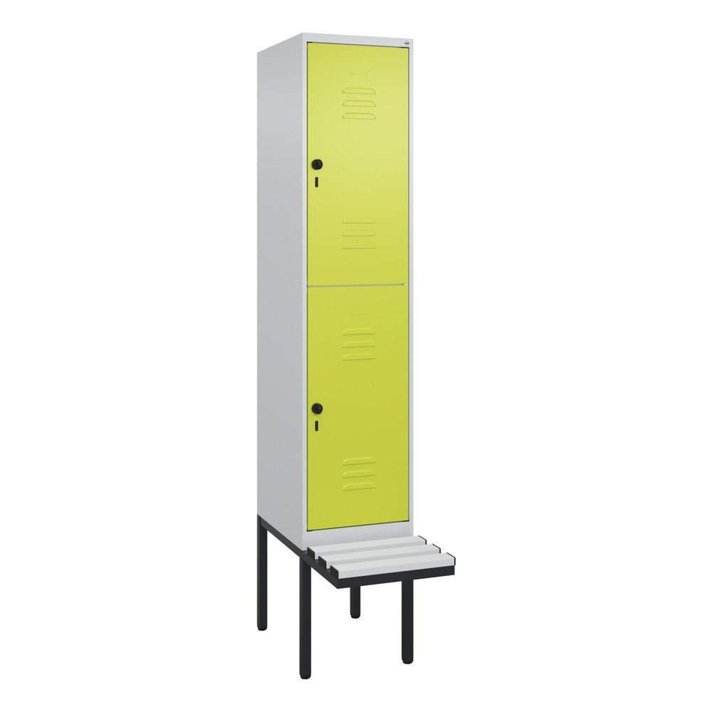 Produktabbildung: C+P Doppelstock-Spind Classic PLUS, 1 Abteil, HxBxT 2.120 x 400 x 815 mm, für Vorhängeschloss, auskragende Bank aus Kunststoff, lichtgrau, clowngrün