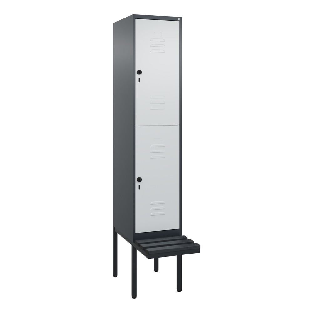 Produktabbildung: C+P Doppelstock-Spind Classic PLUS, 1 Abteil, HxBxT 2.120 x 400 x 815 mm, für Vorhängeschloss, auskragende Bank aus Kunststoff, anthrazitgrau, lichtgrau