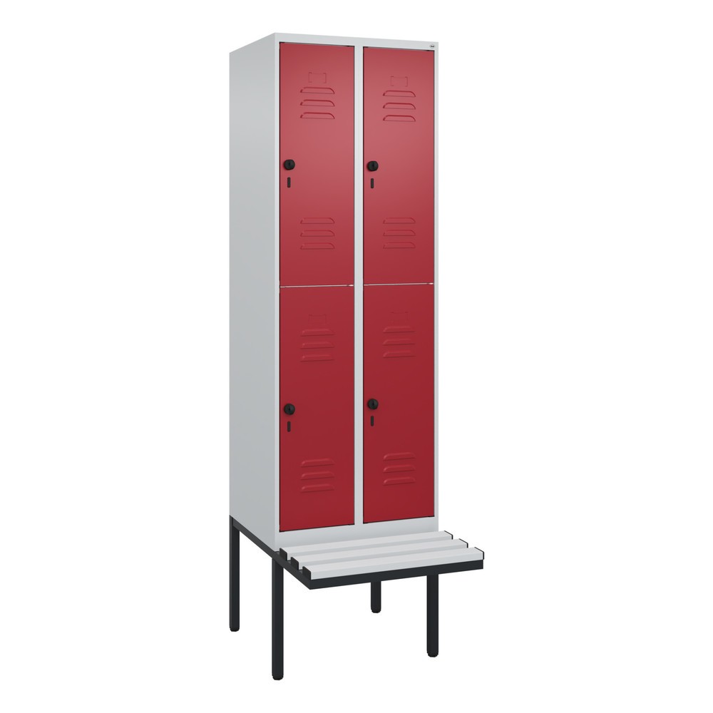 Produktabbildung: C+P Doppelstock-Spind Classic PLUS, 2 Abteile, HxBxT 2.120 x 600 x 815 mm, für Vorhängeschloss, auskragende Bank aus Kunststoff, lichtgrau, rubinrot