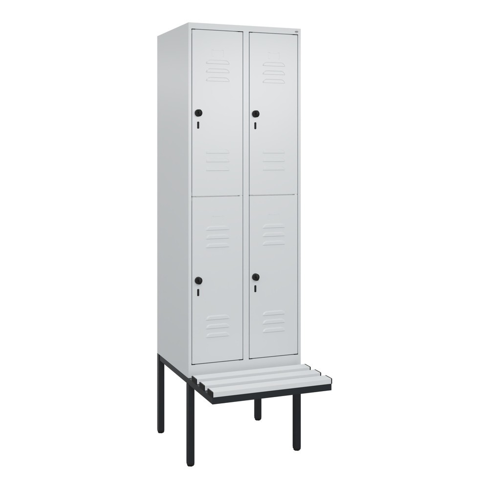 Produktabbildung: C+P Doppelstock-Spind Classic PLUS, 2 Abteile, HxBxT 2.120 x 600 x 815 mm, für Vorhängeschloss, auskragende Bank aus Kunststoff, lichtgrau, lichtgrau