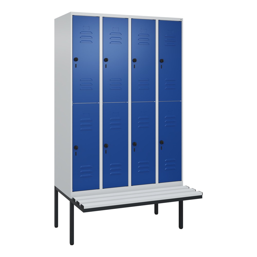 Produktabbildung: C+P Doppelstock-Spind Classic PLUS, 4 Abteile, HxBxT 2.120 x 1.200 x 815 mm, für Vorhängeschloss, auskragende Bank aus Kunststoff, lichtgrau, enzianblau