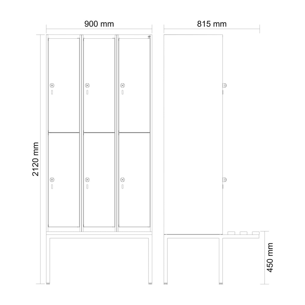 Produktabbildung Nr. 8: C+P Doppelstock-Spind Classic PLUS, 3 Abteile, HxBxT 2.120 x 900 x 815 mm, für Vorhängeschloss, auskragende Bank aus Kunststoff, anthrazitgrau, anthrazitgrau