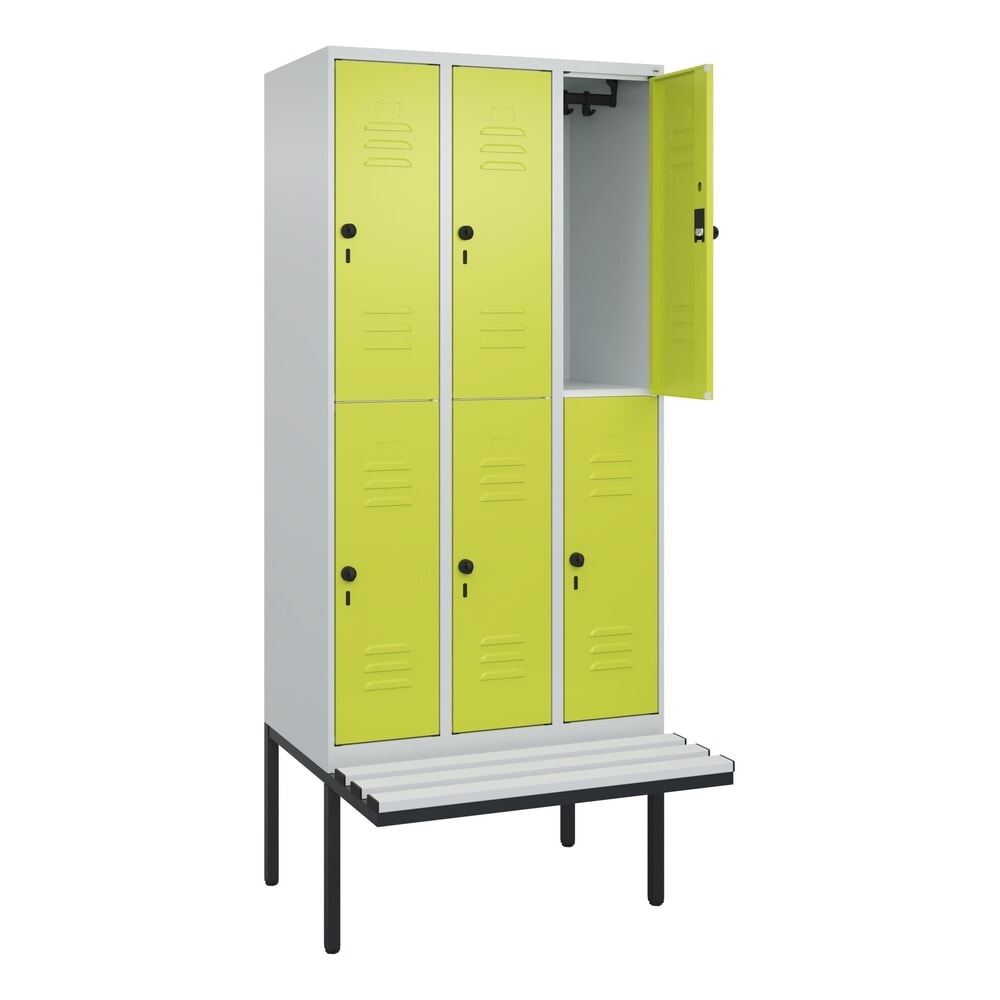 Produktabbildung: C+P Doppelstock-Spind Classic PLUS, 3 Abteile, HxBxT 2.120 x 900 x 815 mm, für Vorhängeschloss, auskragende Bank aus Kunststoff, lichtgrau, clowngrün