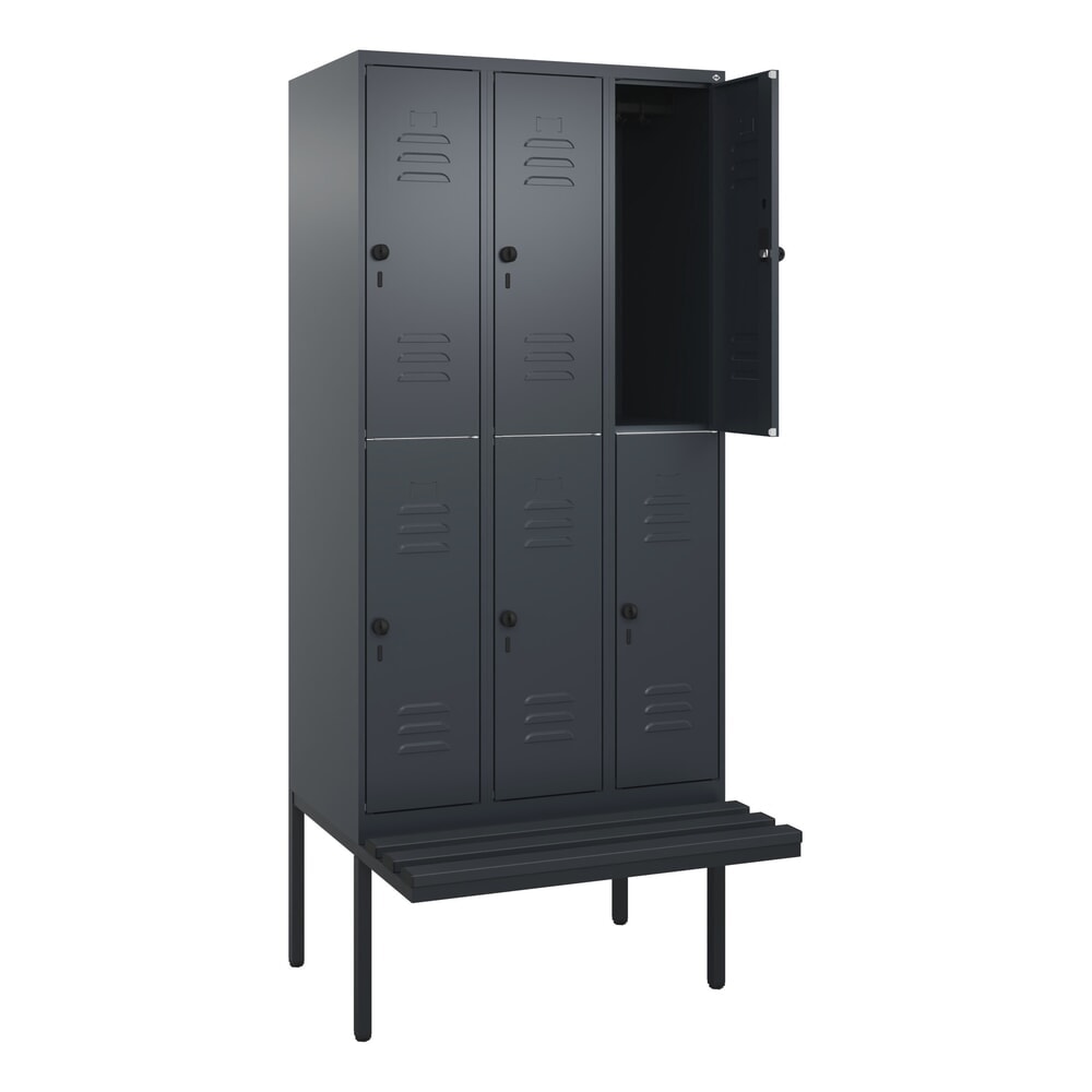 Produktabbildung: C+P Doppelstock-Spind Classic PLUS, 3 Abteile, HxBxT 2.120 x 900 x 815 mm, für Vorhängeschloss, auskragende Bank aus Kunststoff, anthrazitgrau, anthrazitgrau