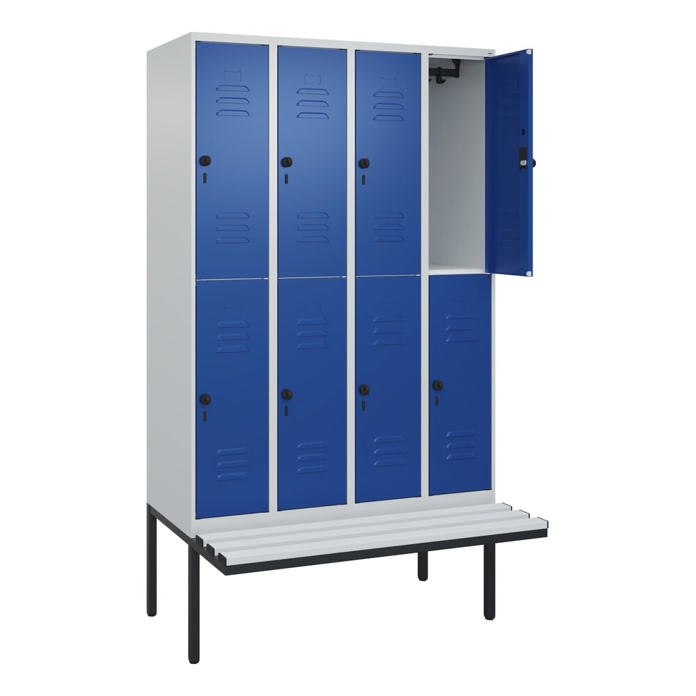Produktabbildung: C+P Doppelstock-Spind Classic PLUS, 4 Abteile, HxBxT 2.120 x 1.200 x 815 mm, für Vorhängeschloss, auskragende Bank aus Kunststoff, lichtgrau, enzianblau