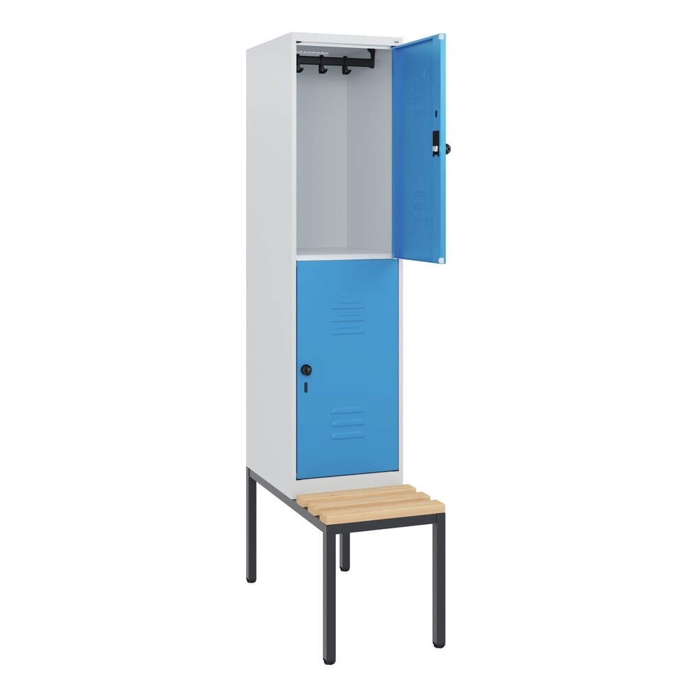 Produktabbildung: C+P Doppelstock-Spind Classic PLUS, 1 Abteil, HxBxT 1.950 x 400 x 815 mm, für Vorhängeschloss, untergebaute Bank aus Buche, lichtgrau, lichtblau