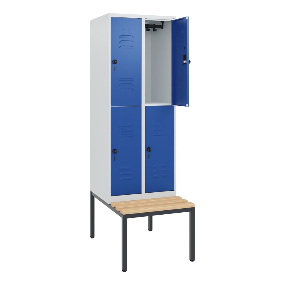 Produktabbildung: C+P Doppelstock-Spind Classic PLUS, 2 Abteile, HxBxT 1.950 x 600 x 815 mm, für Vorhängeschloss, untergebaute Bank aus Buche, lichtgrau, enzianblau