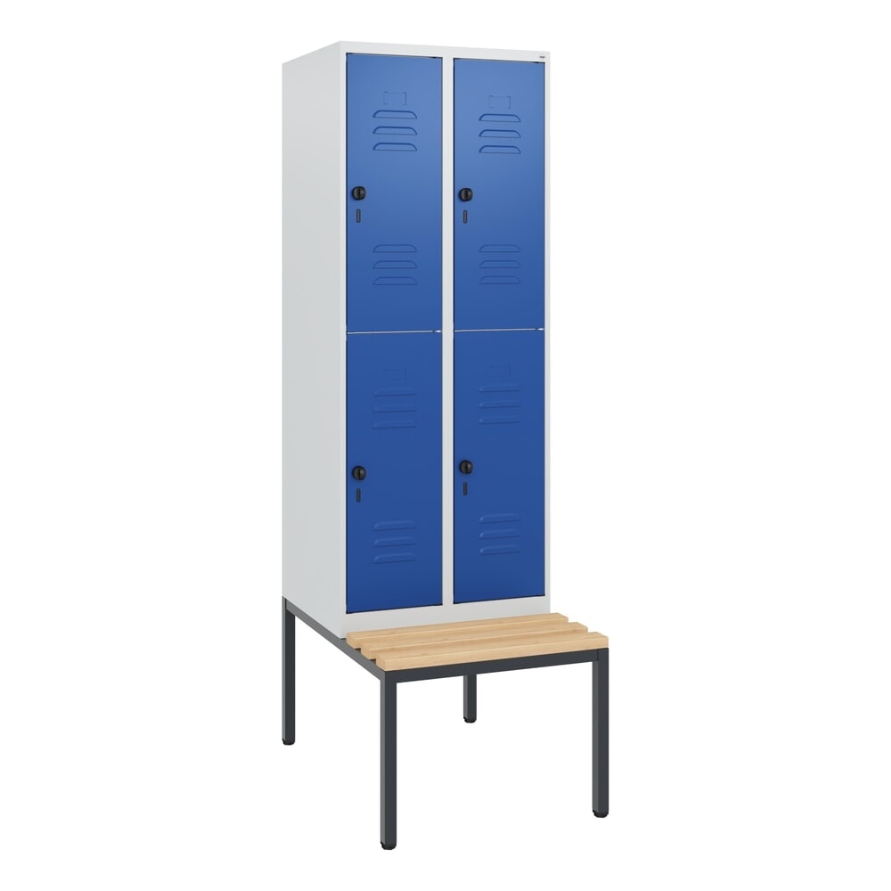 Produktabbildung Nr. 9: C+P Doppelstock-Spind Classic PLUS, 2 Abteile, HxBxT 1.950 x 600 x 815 mm, für Vorhängeschloss, untergebaute Bank aus Buche, lichtgrau, enzianblau