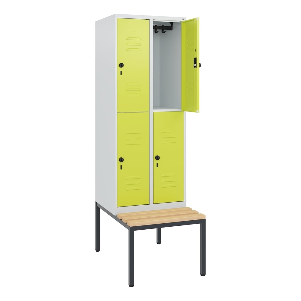Produktabbildung: C+P Doppelstock-Spind Classic PLUS, 2 Abteile, HxBxT 1.950 x 600 x 815 mm, für Vorhängeschloss, untergebaute Bank aus Buche, lichtgrau, clowngrün