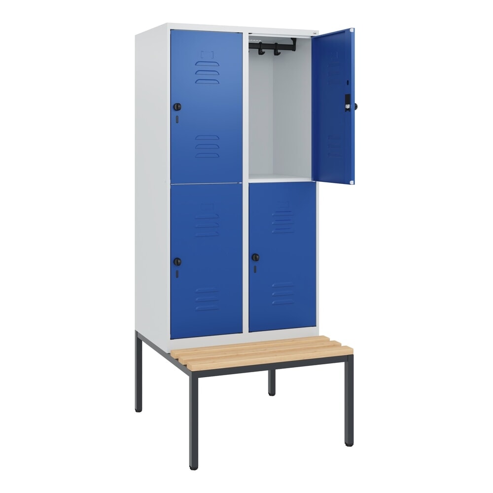 Produktabbildung: C+P Doppelstock-Spind Classic PLUS, 2 Abteile, HxBxT 1.950 x 800 x 815 mm, für Vorhängeschloss, untergebaute Bank aus Buche, lichtgrau, enzianblau