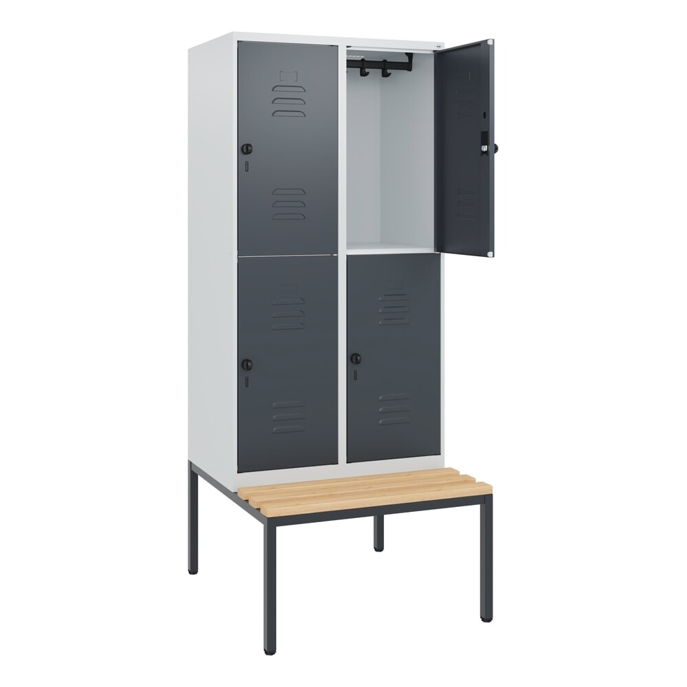 Produktabbildung: C+P Doppelstock-Spind Classic PLUS, 2 Abteile, HxBxT 1.950 x 800 x 815 mm, für Vorhängeschloss, untergebaute Bank aus Buche, lichtgrau, anthrazitgrau