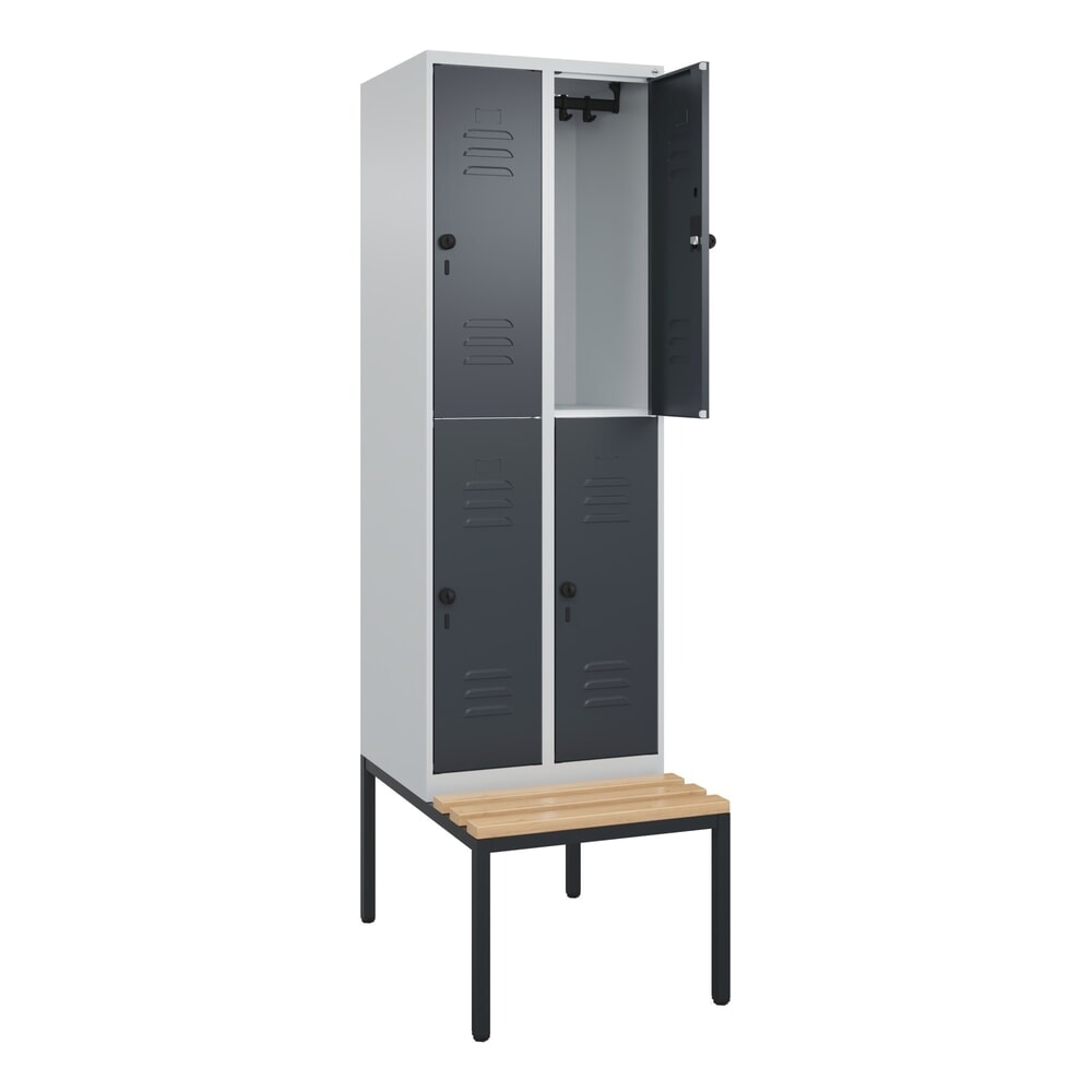Produktabbildung: C+P Doppelstock-Spind Classic PLUS, 2 Abteile, HxBxT 2.120 x 600 x 815 mm, für Vorhängeschloss, untergebaute Bank aus Buche, lichtgrau, anthrazitgrau