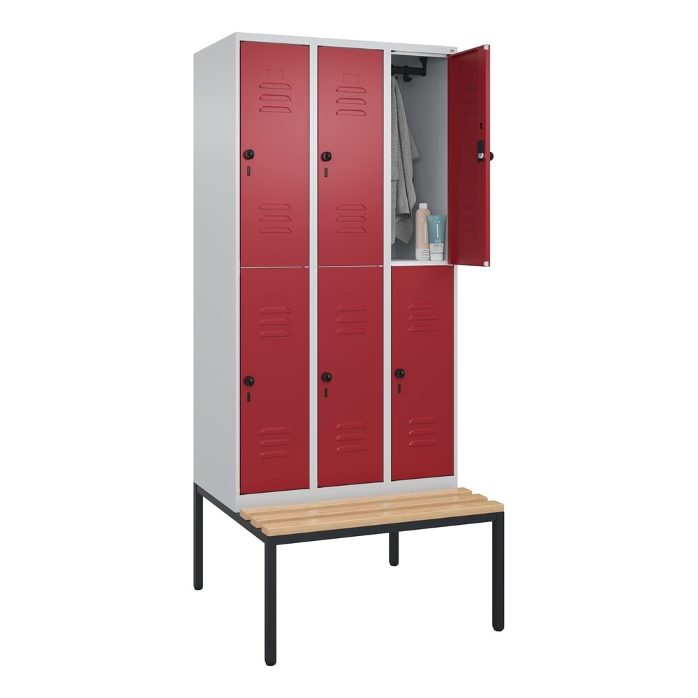 Produktabbildung Nr. 9: C+P Doppelstock-Spind Classic PLUS, 3 Abteile, HxBxT 2.120 x 900 x 815 mm, für Vorhängeschloss, untergebaute Bank aus Buche, lichtgrau, rubinrot