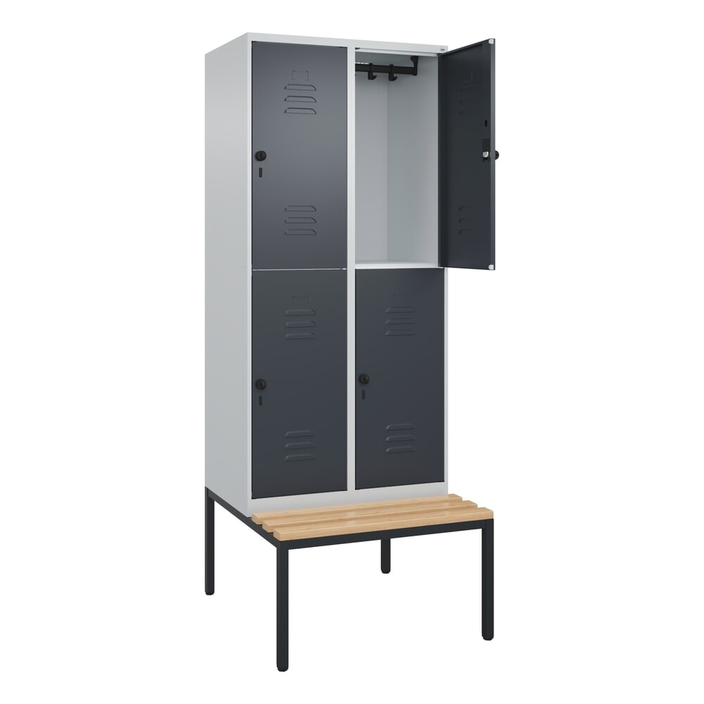 Produktabbildung: C+P Doppelstock-Spind Classic PLUS, 2 Abteile, HxBxT 2.120 x 800 x 815 mm, für Vorhängeschloss, untergebaute Bank aus Buche, lichtgrau, anthrazitgrau