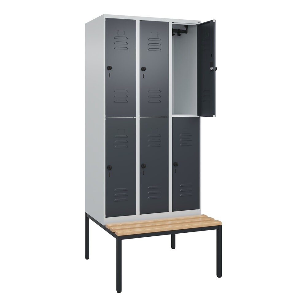 Produktabbildung: C+P Doppelstock-Spind Classic PLUS, 3 Abteile, HxBxT 2.120 x 900 x 815 mm, für Vorhängeschloss, untergebaute Bank aus Buche, lichtgrau, anthrazitgrau