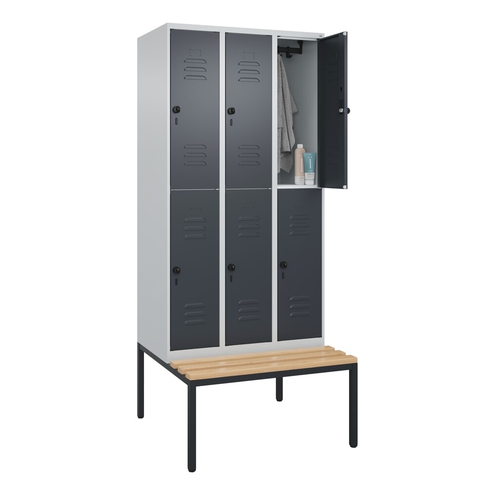 Produktabbildung Nr. 10: C+P Doppelstock-Spind Classic PLUS, 3 Abteile, HxBxT 2.120 x 900 x 815 mm, für Vorhängeschloss, untergebaute Bank aus Buche, lichtgrau, anthrazitgrau