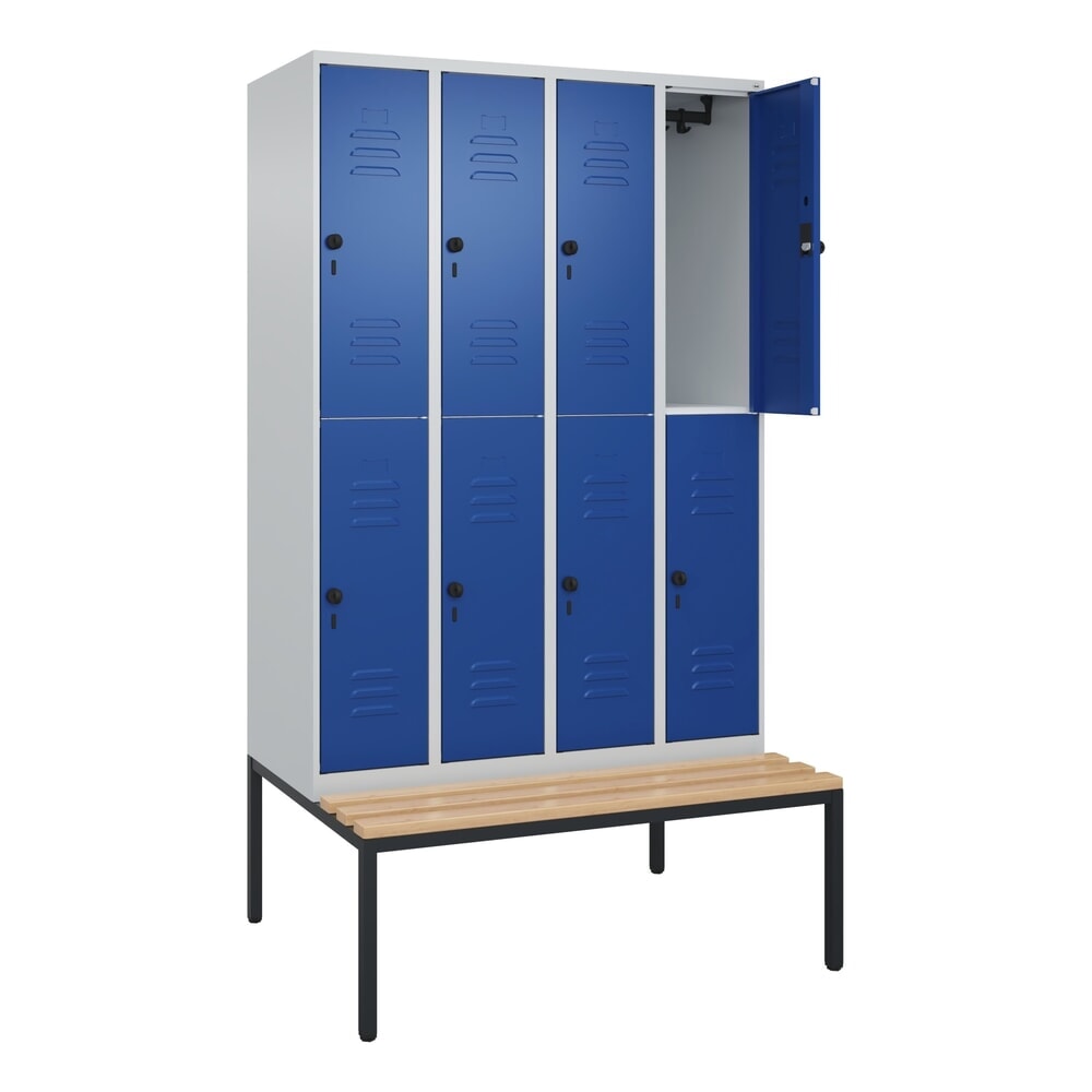 Produktabbildung: C+P Doppelstock-Spind Classic PLUS, 4 Abteile, HxBxT 2.120 x 1.200 x 815 mm, für Vorhängeschloss, untergebaute Bank aus Buche, lichtgrau, enzianblau