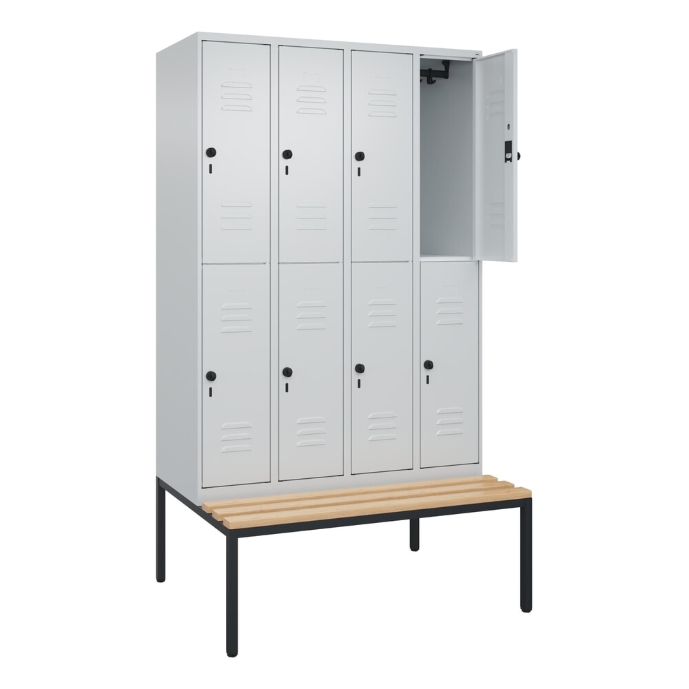 Produktabbildung: C+P Doppelstock-Spind Classic PLUS, 4 Abteile, HxBxT 2.120 x 1.200 x 815 mm, für Vorhängeschloss, untergebaute Bank aus Buche, lichtgrau, lichtgrau