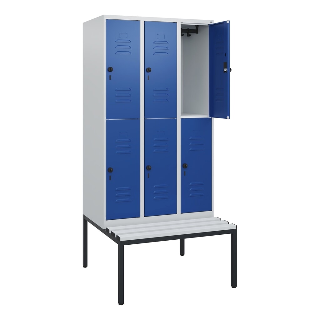 Produktabbildung: C+P Doppelstock-Spind Classic PLUS, 3 Abteile, HxBxT 1.950 x 900 x 815 mm, für Vorhängeschloss, untergebaute Bank aus Kunststoff, lichtgrau, enzianblau