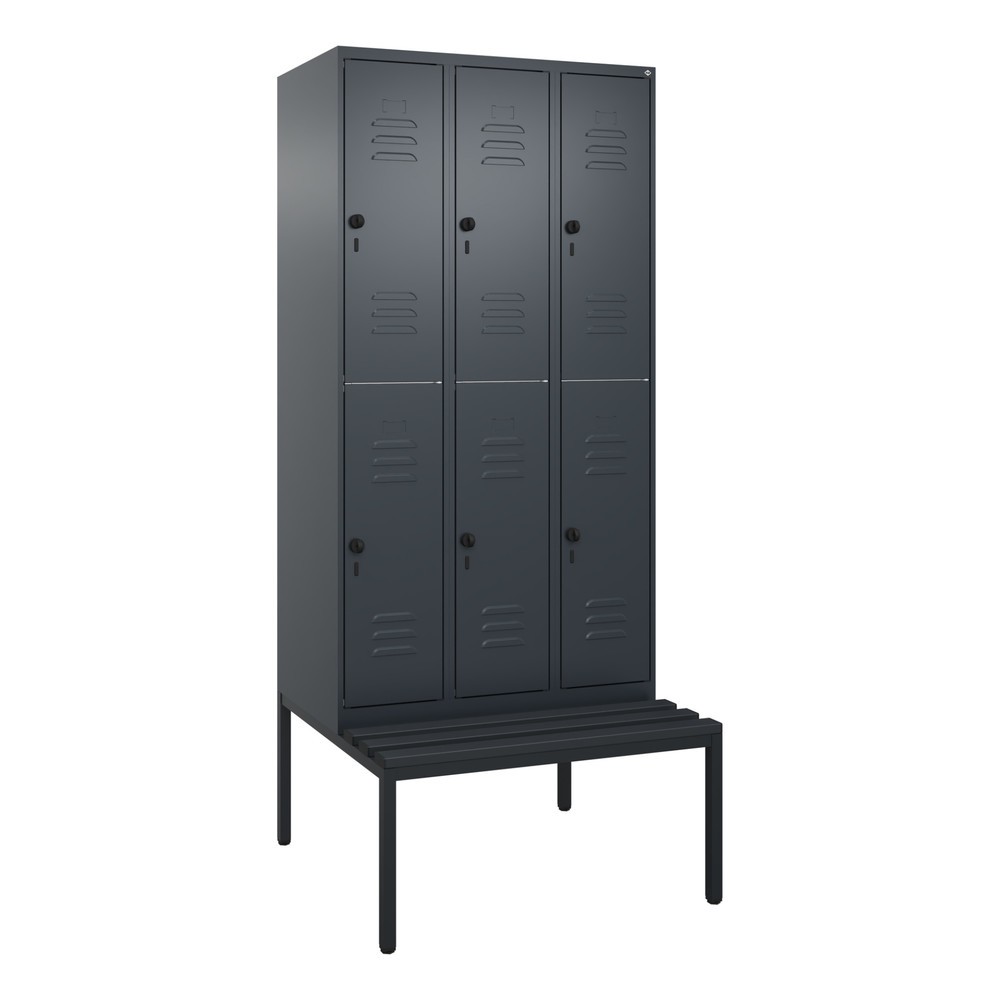 Produktabbildung: C+P Doppelstock-Spind Classic PLUS, 3 Abteile, HxBxT 2.120 x 900 x 815 mm, für Vorhängeschloss, untergebaute Bank aus Kunststoff, anthrazitgrau, anthrazitgrau