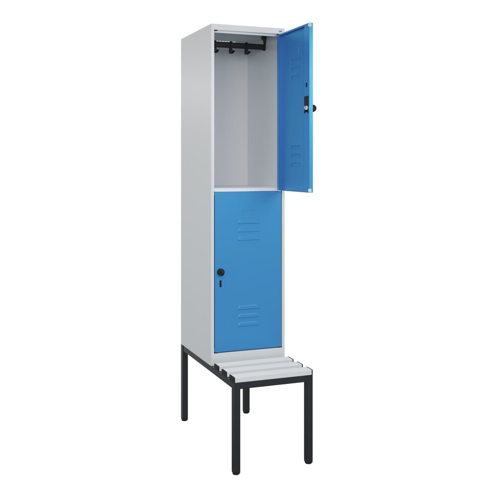 Produktabbildung Nr. 1: C+P Doppelstock-Spind Classic PLUS, 1 Abteil, HxBxT 2.120 x 400 x 815 mm, für Vorhängeschloss, untergebaute Bank aus Kunststoff, lichtgrau, lichtblau