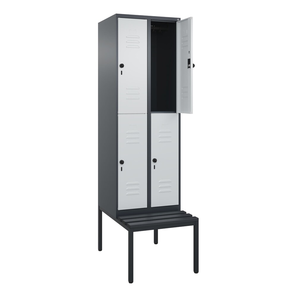 Produktabbildung: C+P Doppelstock-Spind Classic PLUS, 2 Abteile, HxBxT 2.120 x 600 x 815 mm, für Vorhängeschloss, untergebaute Bank aus Kunststoff, anthrazitgrau, lichtgrau