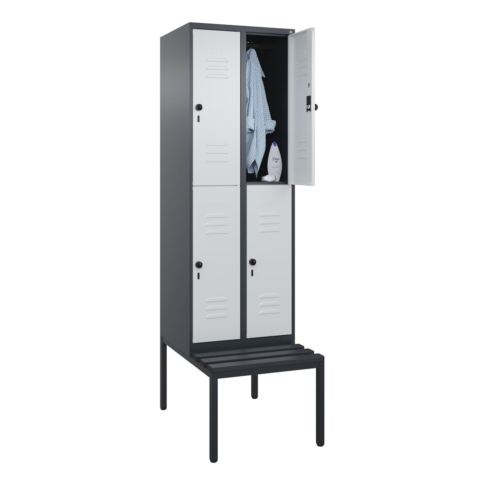 Produktabbildung Nr. 10: C+P Doppelstock-Spind Classic PLUS, 2 Abteile, HxBxT 2.120 x 600 x 815 mm, für Vorhängeschloss, untergebaute Bank aus Kunststoff, anthrazitgrau, lichtgrau