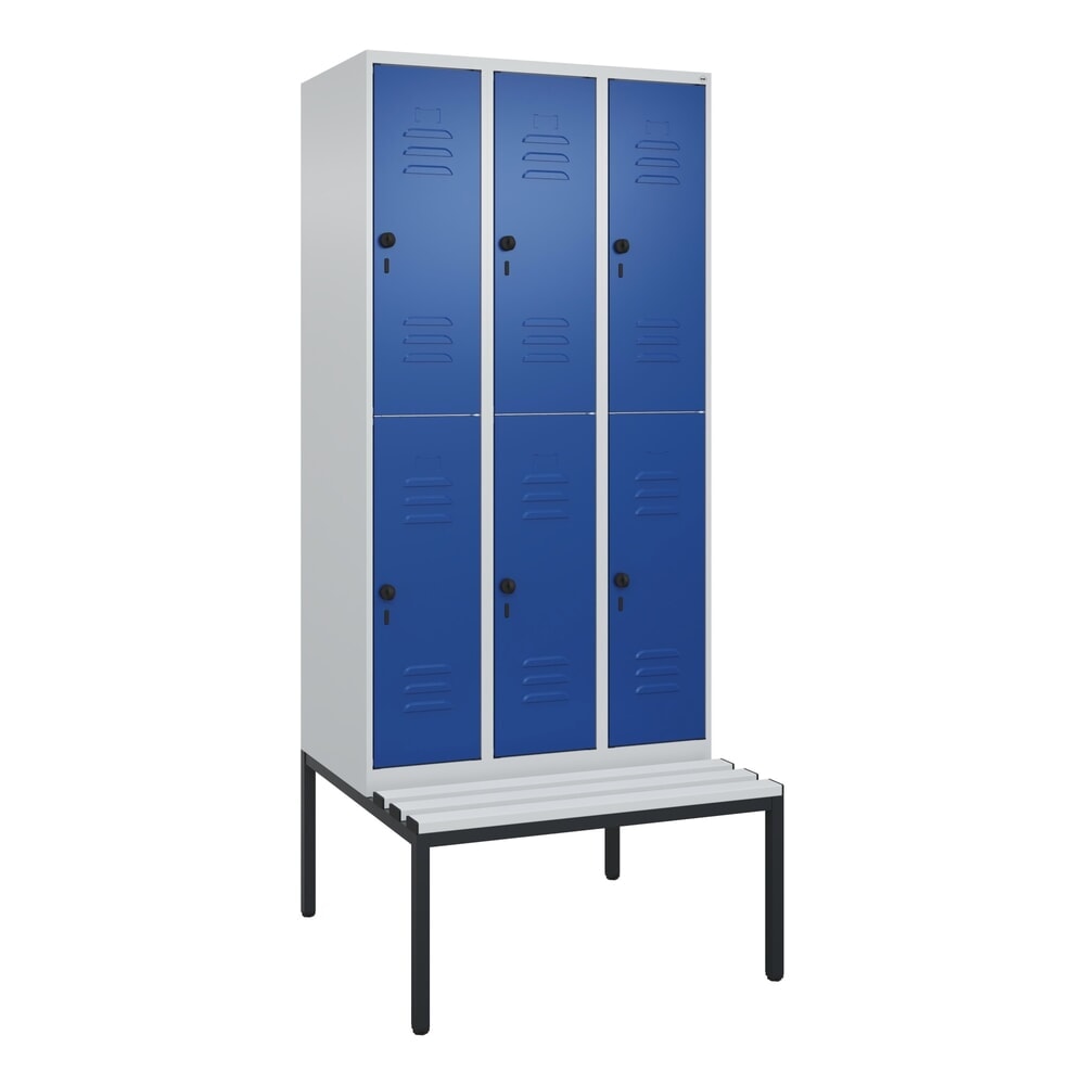 Produktabbildung Nr. 9: C+P Doppelstock-Spind Classic PLUS, 3 Abteile, HxBxT 2.120 x 900 x 815 mm, für Vorhängeschloss, untergebaute Bank aus Kunststoff, lichtgrau, enzianblau